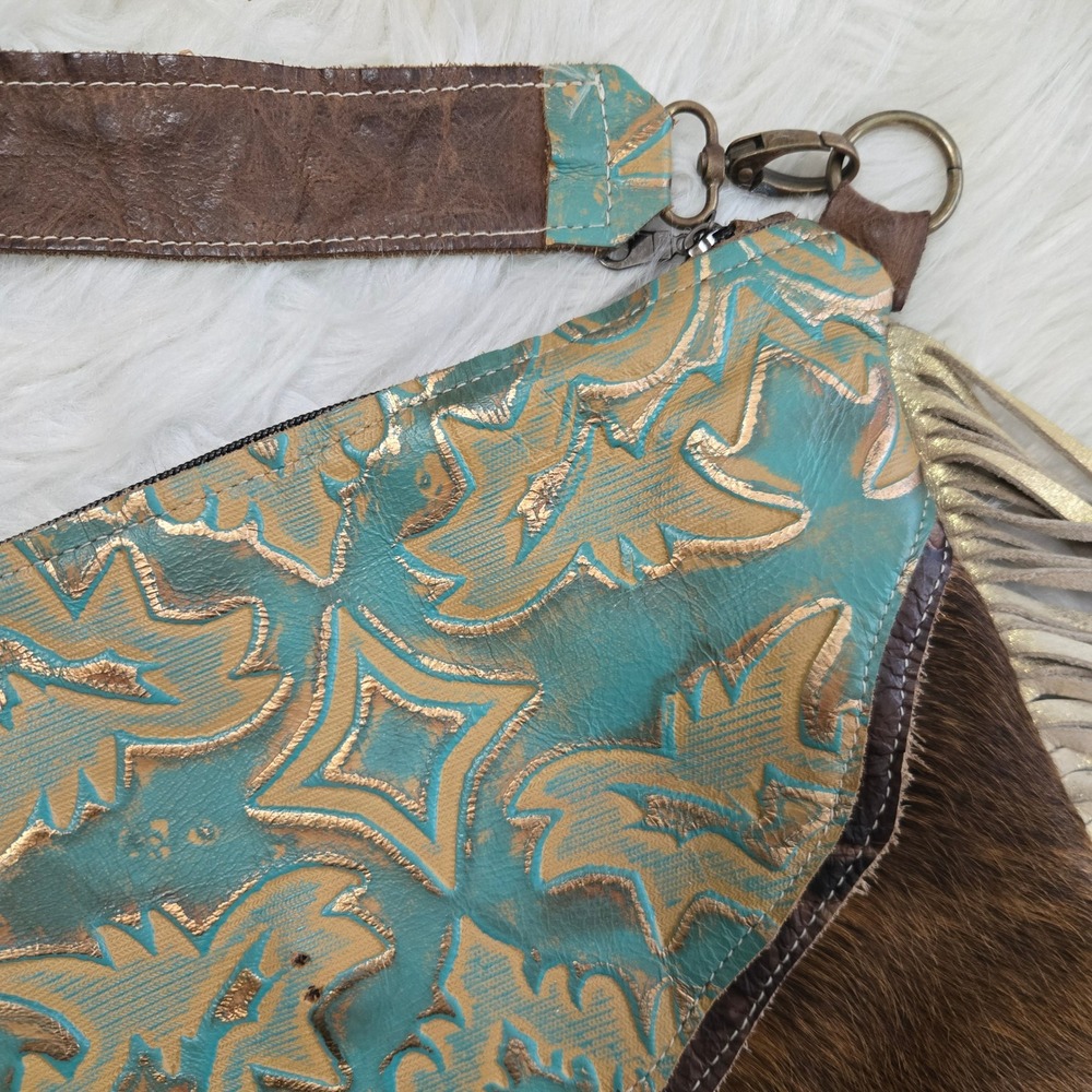 Dancing Cactus Designs Cowhide Fringe Crossbody Bag Turquoise Leather Western - Picture 14 of 16